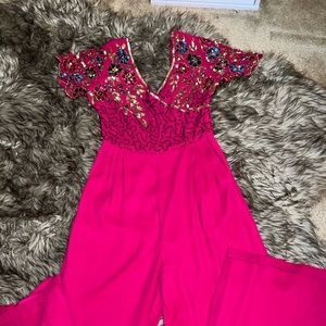 Sz 4(US); 8(UK) Virgos Lounge Embellished Magenta Jumpsuit
